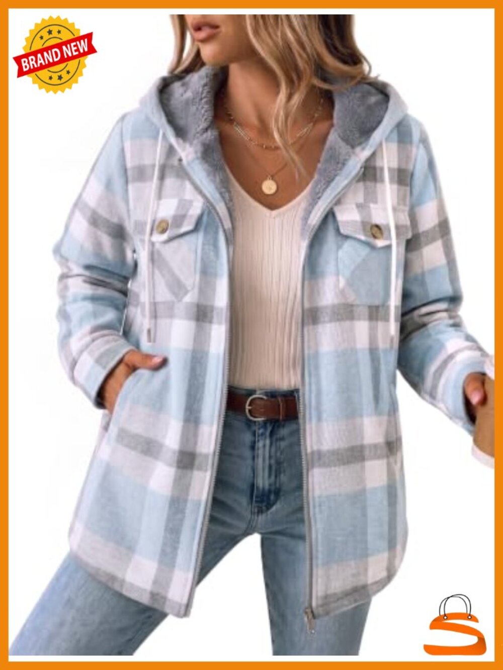 Womens Plaid Fleece Lined Flannel Shacket Hooded Zip Winter Jacket Coat